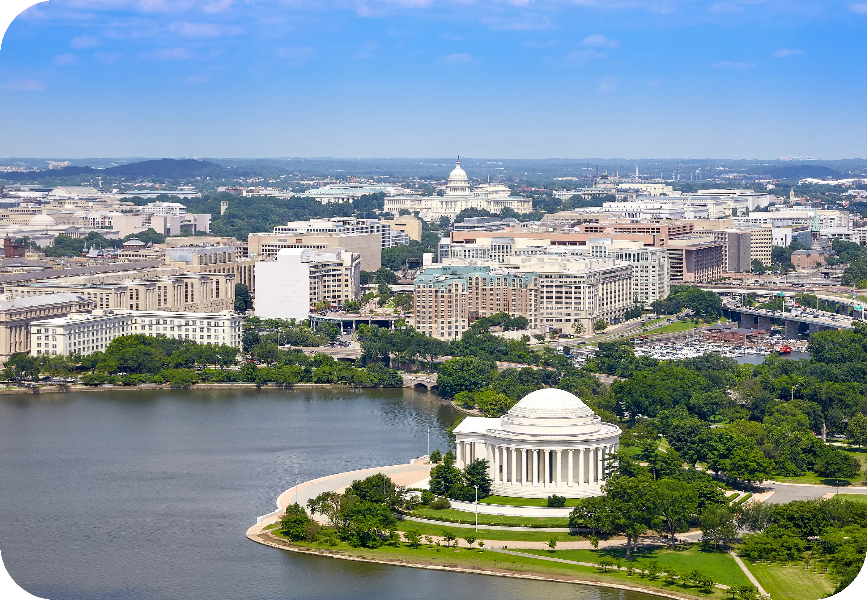 Aerial view of Washington D.C. and the Capitol Building.